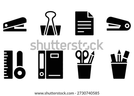 Office supplies icons stapler binder paper ruler scissors pencils