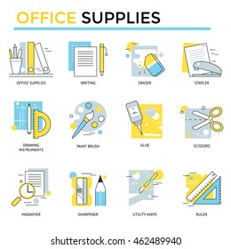 Office supplies icons, thin line, flat design 