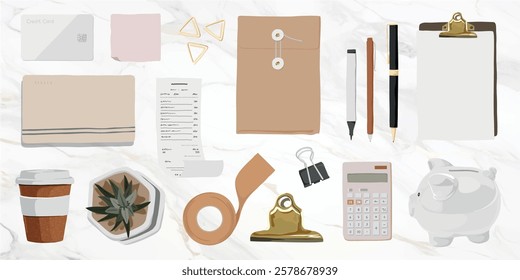 Office supplies illustration with coffee, calculator, clipboard, pens, tape, and a piggy bank. Office essentials like pens, tape, and calculator featured. Workspace elements vector set.