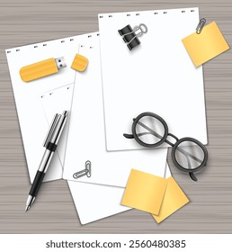 Office supplies including blank papers, a pen, USB drive, binder clip, paper clips, sticky notes, and glasses on a wooden desk.