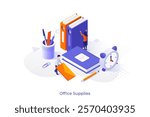 Office Supplies isometric conceptual template. Modern accessories for business documents organization. Stationery and paperwork webpage design vector illustration. Papers management strategy
