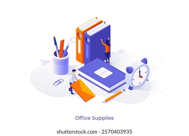 Office Supplies isometric conceptual template. Modern accessories for business documents organization. Stationery and paperwork webpage design vector illustration. Papers management strategy