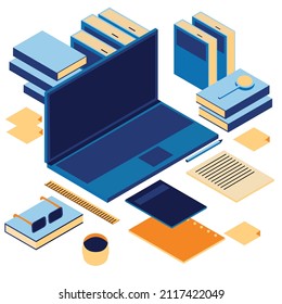 Office supplies. Isometric illustration. 2D illustration. Books, notebooks, notebook, computer. Pen, ruler, magnifying glass, clock. Things to study. Things for work.