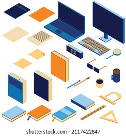 Office supplies. Isometric illustration. 2D illustration. Books, notebooks, notebook, computer. Pen, ruler, magnifying glass, clock. Things to study. Things for work.