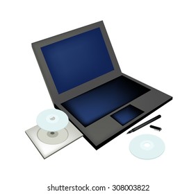 Office Supplies, Laptop Computer with Compact Disc and Pen Isolated on White Background.