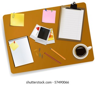 Office supplies laying on the board. Vector.