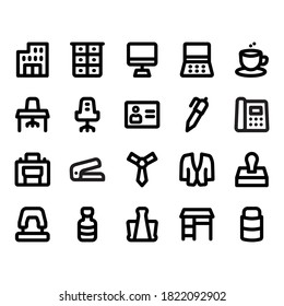 Office Supplies Line Icon Set . Office, Computer, Desk, Laptop, Workplace Icon - Vector Illustration
