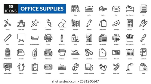 Office supplies line icon set collection. Stationery, pen, pencil, notebook, paper, folder, stapler, clip, ruler, eraser, scissors, highlighter, tape, calculator, envelope, binder, marker