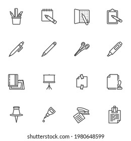 Office supplies line icons set, outline vector symbol collection, linear style pictogram pack. Signs, logo illustration. Set includes icons as pen, pencil, clipboard, push pin, presentation screen