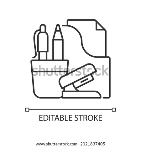 Office supplies linear icon. Consumable product. Writing accessories and stapler. Thin line customizable illustration. Contour symbol. Vector isolated outline drawing. Editable stroke