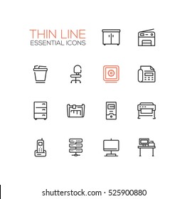 Office Supplies - Modern Vector Simple Thin Line Design Icons Set. Locker, Copier, Chair, Safe, Fax, Trash Basket, Cabinet, Computer, Plotter, Cutter, Phone, Server Work Place Display