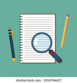 Office supplies, notebook and magnifier in flat design. Vector illustration. Back to school concept.