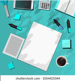 office supplies on the blue table