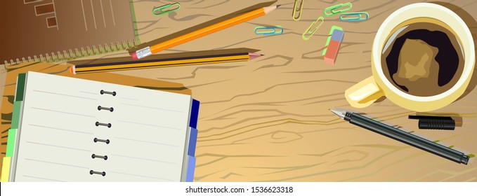 Office supplies on desk top view. Vector background image. Table, supplies creative. Desk, workplace in cabinet. Workspace. Work place, stationery and coffee.