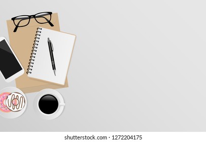 Office supplies on gray background with copy space, top view. Vector illustration