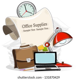  Office supplies on a white background.  Hand drawn business background