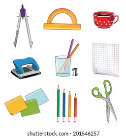  Office supplies on a white background.  Hand drawn icons set