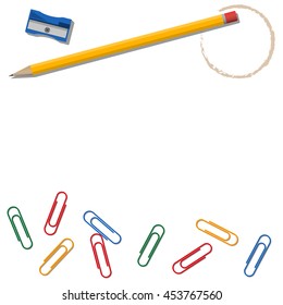 Office supplies on white background.