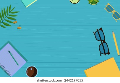 Office Supplies on Work Table with Copy Space on Blue Wooden Background