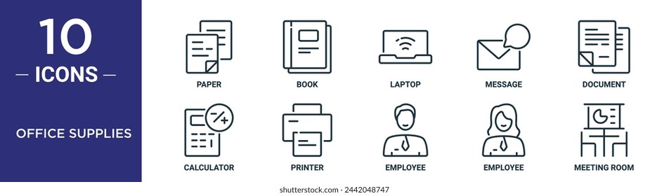 office supplies outline icon set includes thin line paper, book, laptop, message, document, calculator, printer icons for report, presentation, diagram, web design