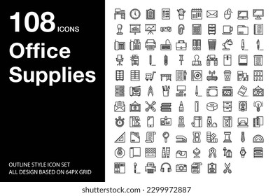 Office Supplies Outline Style Icons Set