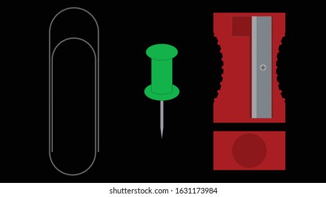 Office supplies, a paperclip, a Thumbtack and 2 views of a pencil sharpener against a black background, created in layers for easy isolation and modification.