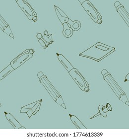 Office supplies. Pen, pencil, Notepad, button, scissors, paper airplane. Monochrome vector background. Seamless background in the style of doodles. Handmade. Cartoon.
