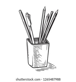Office supplies, pens and pencils in cup vector illustration
