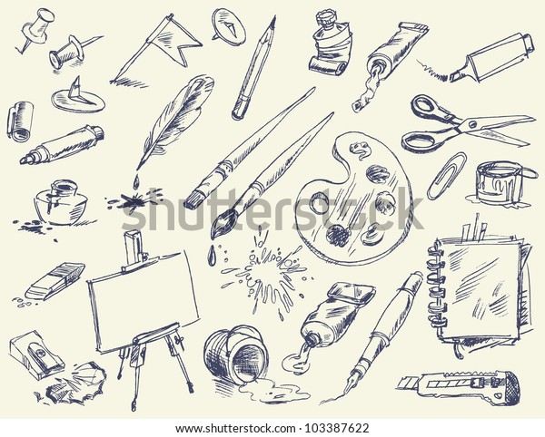 Office supplies. Products for\
Artists. Art supplies. Hand-drawn. Vector version of raster\
image