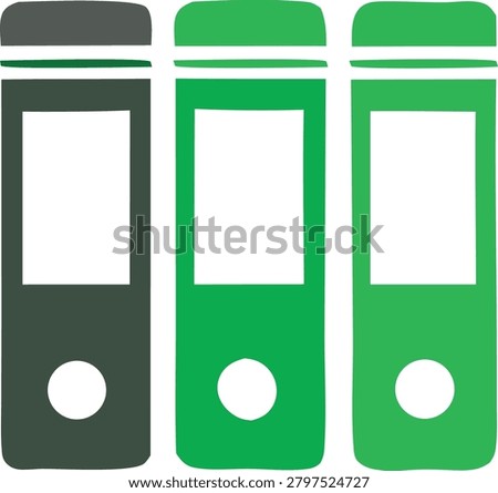 Office supplies represented by three standing ring binders in green and dark grey colors used for document organization filing and administrative archive storage systems.