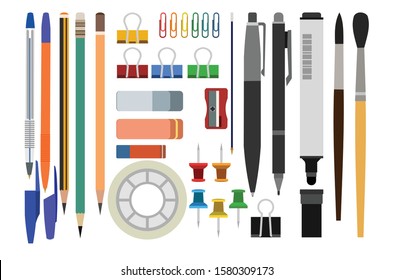 Office supplies and school items assortment. Vector. Stationery set pencils, pens, text marker, brushes, pins, Scotch tape, erasers, paperclips. Isolated. Flat cartoon style. Top view.