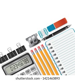 Office supplies and school stationery background with free space for text. Realistic vector illustration.