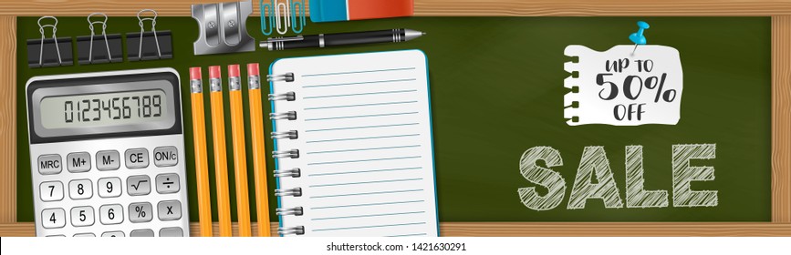 Office supplies and school stationery objects. Horizontal banner or website header concept. Chalkboard background chalk effect sale text. Realistic vector illustration.