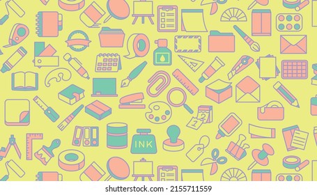 Office supplies seamless pattern on yellow background.