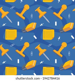 Office Supplies Seamless Pattern with Pushpin, Rubber Stamp, Eraser, and Sticky Notes.
