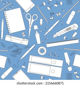 Office supplies seamless pattern. Randomly placed black and white drawings on blue background