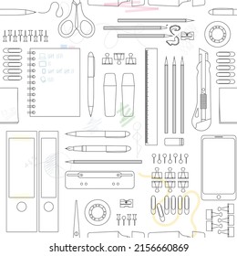 Office supplies seamless pattern. Office stationery black line drawings on doodled background