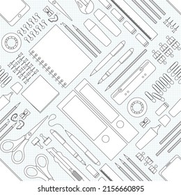 La oficina proporciona un patrón impecable. Diseño de oficina planos en blanco y negro posicionados diagonalmente sobre fondo de papel cuadrado