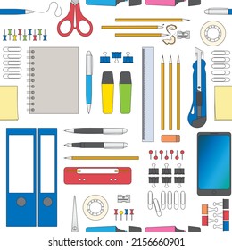 Office supplies seamless pattern. Office stationery colored drawings neatly positioned on a white background