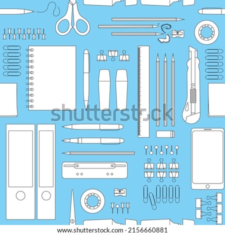 Office supplies seamless pattern. Office stationery black and white drawings neatly positioned on a blue background