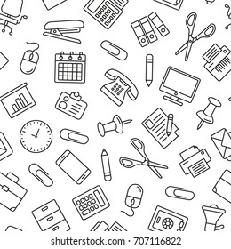 Office supplies seamless pattern. Tiling textures with thin line black and white icons set
