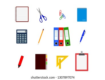 office supplies set: calculator, file folders, pencil and pen, notebook and copybook, paper clipboard, two rulers, marker, scissors, paper clips