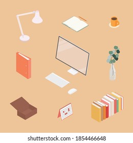 Office supplies set with computer. Isometric vector illustration in flat design. Working from home, office, doing homework, school. 