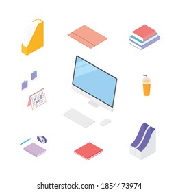 Office supplies set with computer. Isometric vector illustration in flat design. Working from home, office, doing homework, school. 