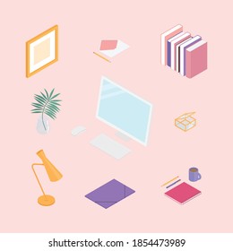 Office supplies set with computer. Isometric vector illustration in flat design. Working from home, office, doing homework, school. 
