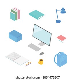 Office supplies set with computer. Isometric vector illustration in flat design. Working from home, office, doing homework, school. 