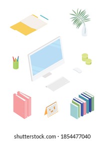 Office supplies set with computer. Isometric vector illustration in flat design. Working from home, office, doing homework, school. 