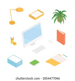 Office supplies set with computer. Isometric vector illustration in flat design. Working from home, office, doing homework, school. 