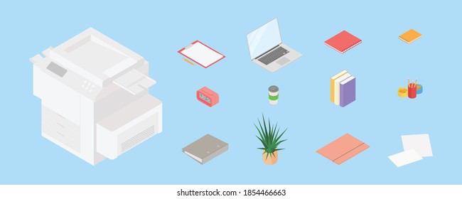 Office supplies set with computer and printer. Isometric vector illustration in flat design. Working from home, office, doing homework, school. 