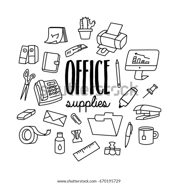 Office supplies. Set of office hand drawn doodle\
icons set.